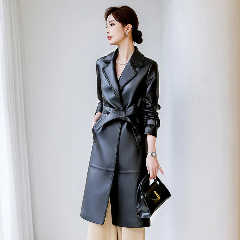 Women's Genuine Leather Trench Coat Lace-Up Long Slim Fit Spring Autumn Sheepskin Top