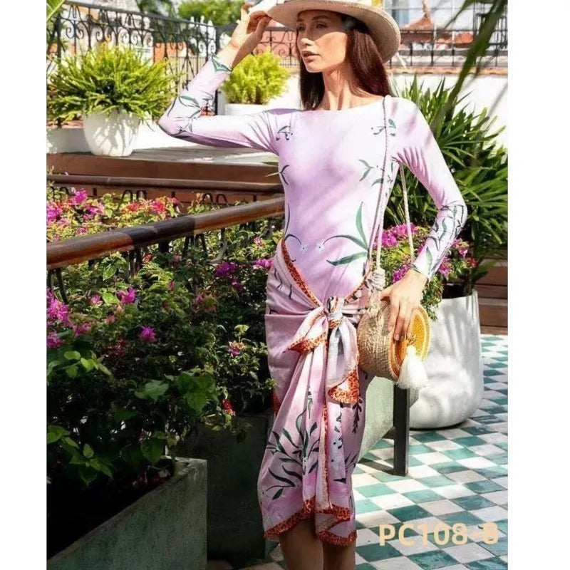 Retro Printed Bikini Set with Skirt Cover-Up