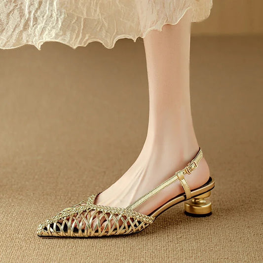 NEW Summer Women Sandals Split Leather Shoes for Women Pointed Toe Strange Heel Shoes Cover Toe Slingback Sandals Weave Sandals - HER SHOP