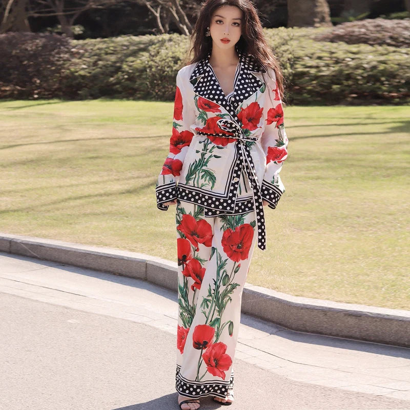 Gizelle High Street Runway Floral Print Notched Collar Blouse & Wide Leg Pants Fashion 2 Pieces Sets Women Chic Designer Outfits