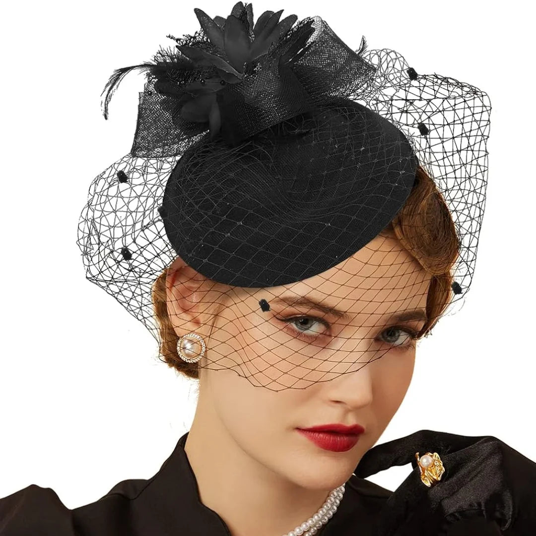 Vintage Fascinator Hat for Women – 20s/50s Pillbox Style with Flower & Veil for Kentucky Derby, Wedding, or Tea Party