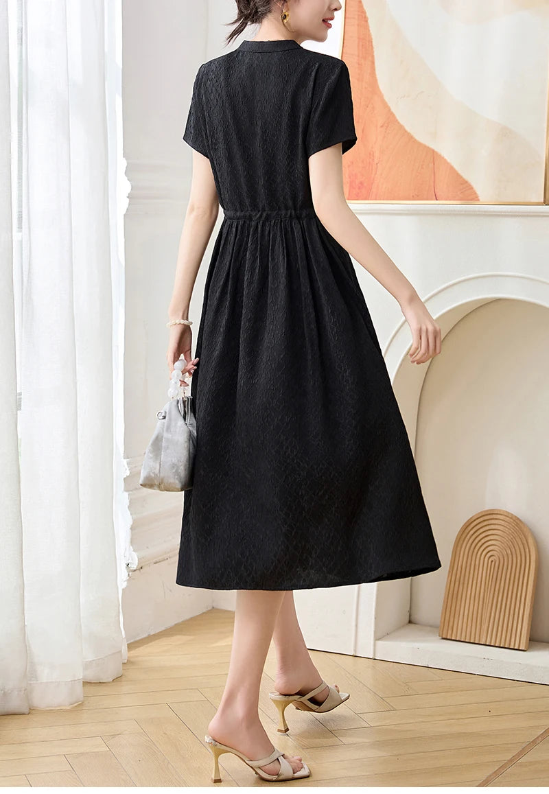 19 Momme Real Silk Elegant Fashion Dresses For Women 2026 Summer V-neck Short Sleeve Drawstring Office Lady Long Dress A-line