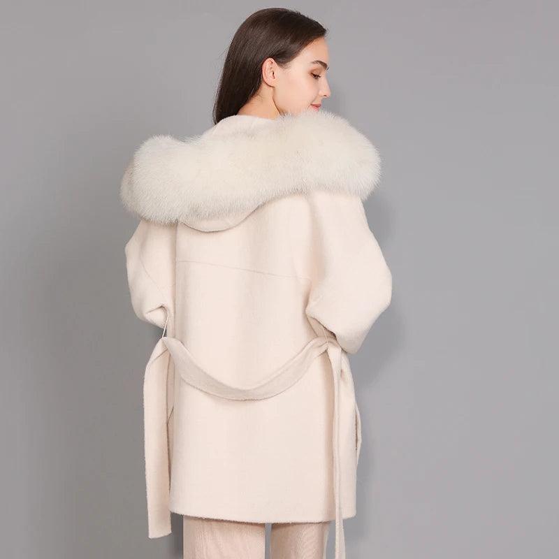 Women's Winter Coat - Real Fur Hood, 100% Natural Fox Fur Collar & Cuffs, Cashmere Wool Blend, Oversized Loose Fit Outerwear