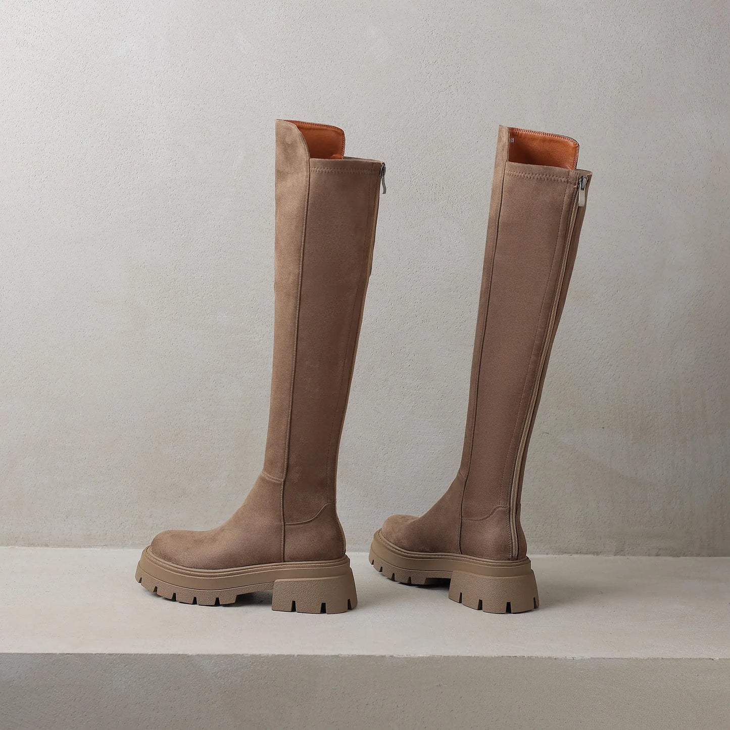 Flock Round Toe Stretch Over-the-Knee Boots with Medium Heels – Elegant, Modern, and Warm Slip-On Style for Leisure and Everyday Chic