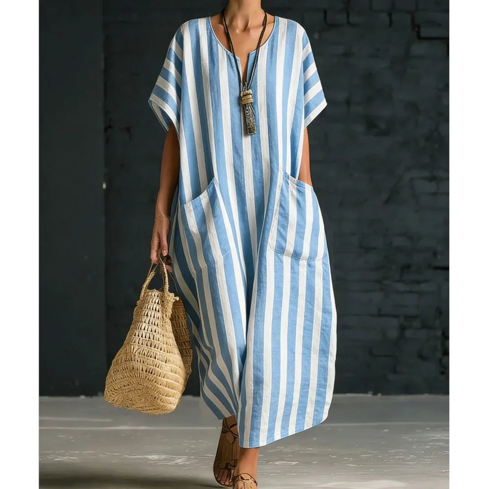 Striped V-Neck Loose Casual Summer Dress