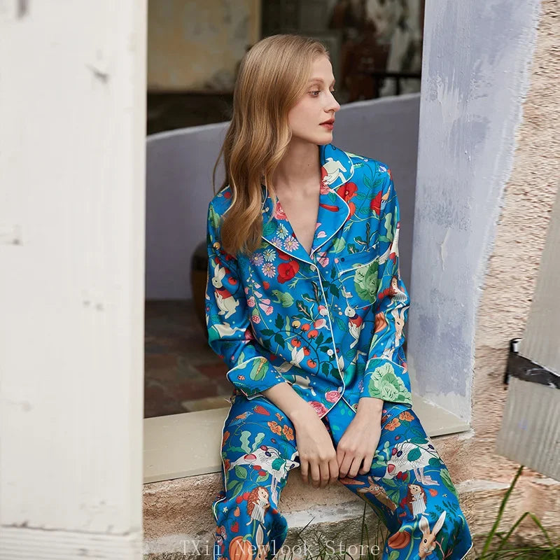 Elegant Pajama Set for Women – Long Sleeve Lapel Home Suit for Spring & Summer