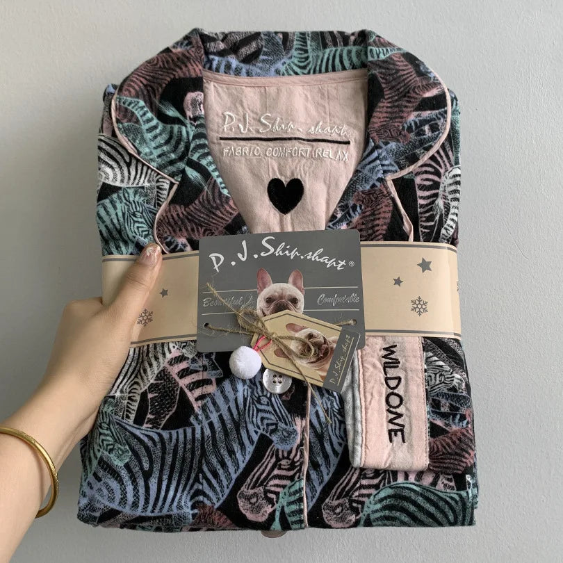 Women’s Cotton Cartoon Pajama Set – Long Sleeve Ankle-Length Pants Autumn Winter Homewear