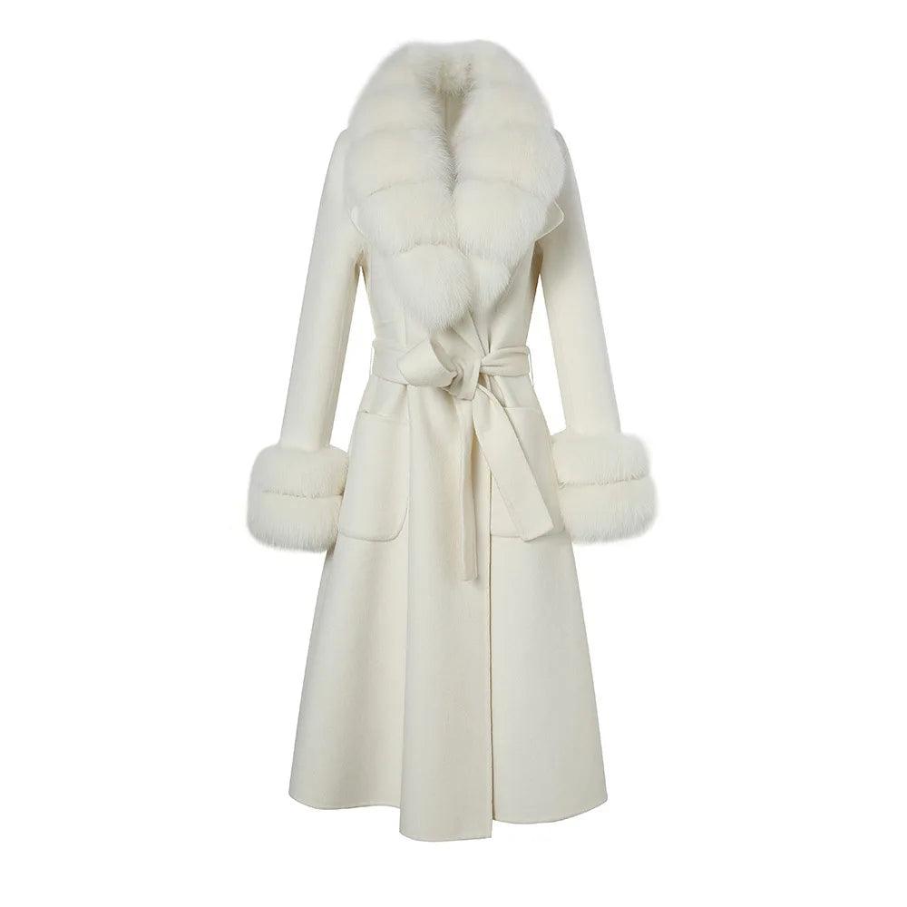 Women's Luxury Long Wool Coat with Detachable Fox Fur Collar – Winter & Autumn Trench Outerwear