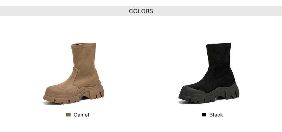 Women’s Stretch Fabric Sock Boots – Handmade Round Toe Slip-On Platform Boots in Solid Color