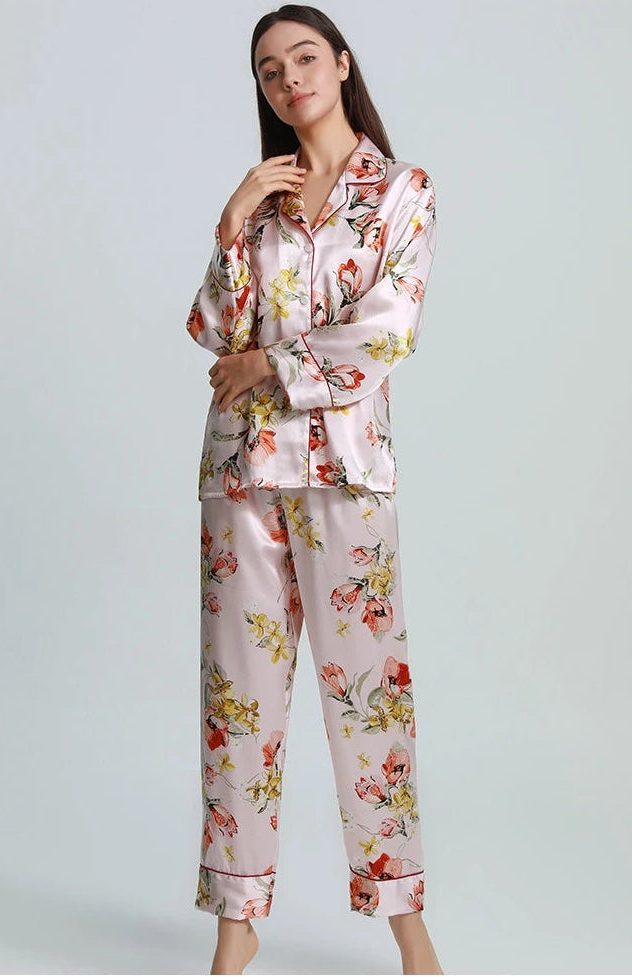 100% Real Silk Women’s Pajama Set – Printed Long-Sleeve Summer Home Suit