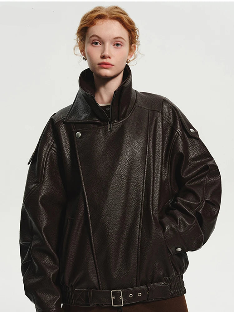 Women’s Oversized Brown PU Leather Jacket – Retro American Style, Long Sleeve Zip-Up, Luxury Designer-Inspired Outerwear for Spring & Autumn
