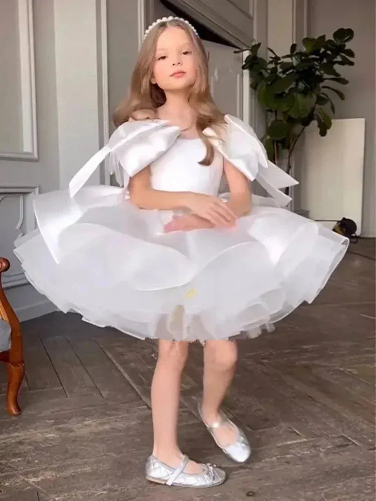 Elegant Satin Flower Girl Dress with Bow – Knee-Length Princess Gown for Weddings, Parties, and Celebrations