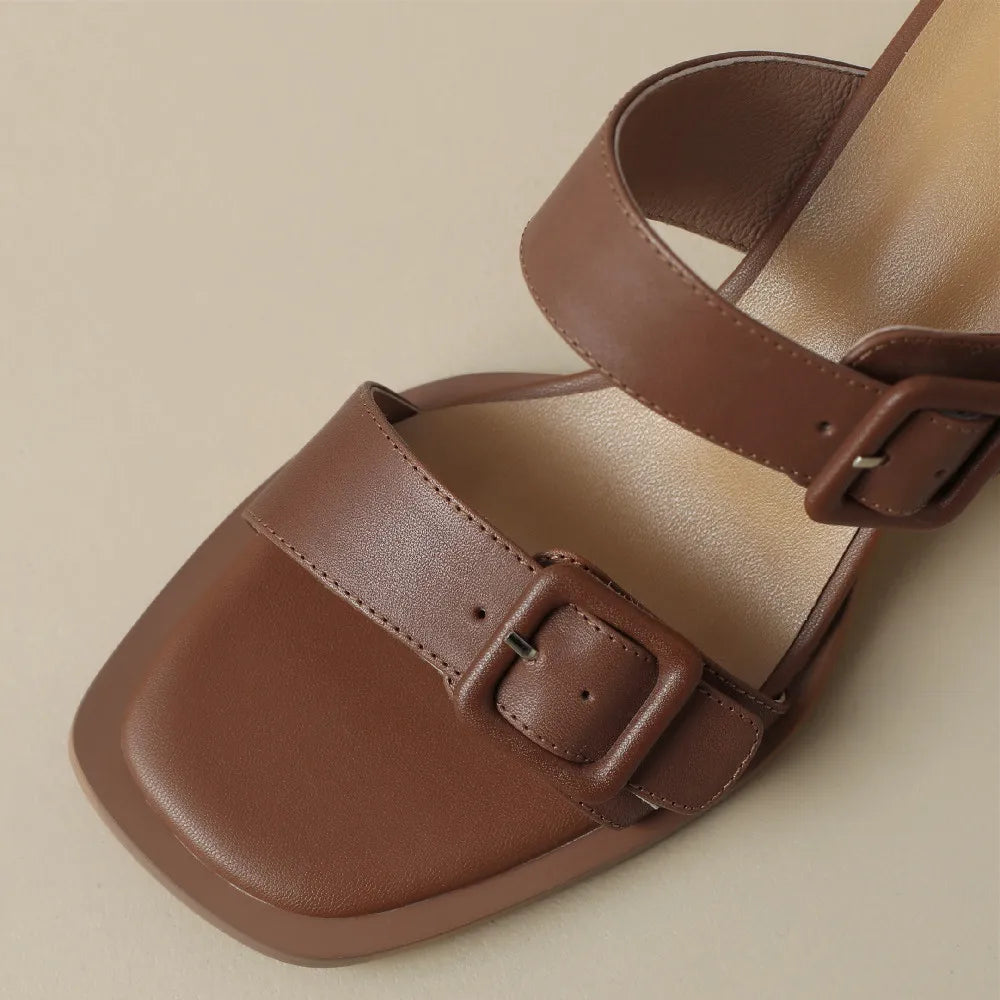 Women’s Cow Leather Slip-On Sandals – Double Metal Belt 5.5cm Chunky Heel Elegant Summer Slides