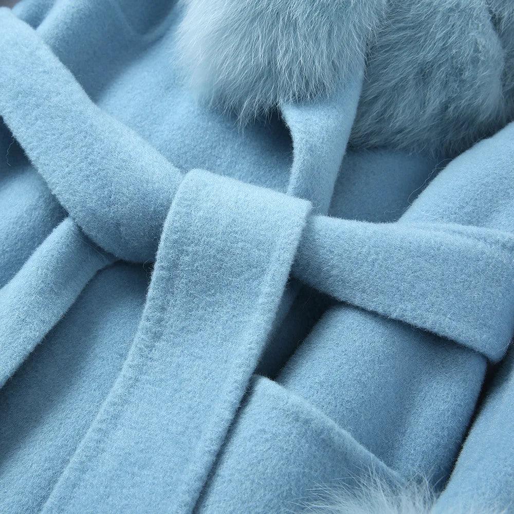 Women's Luxury Long Wool Coat with Detachable Fox Fur Collar – Winter & Autumn Trench Outerwear