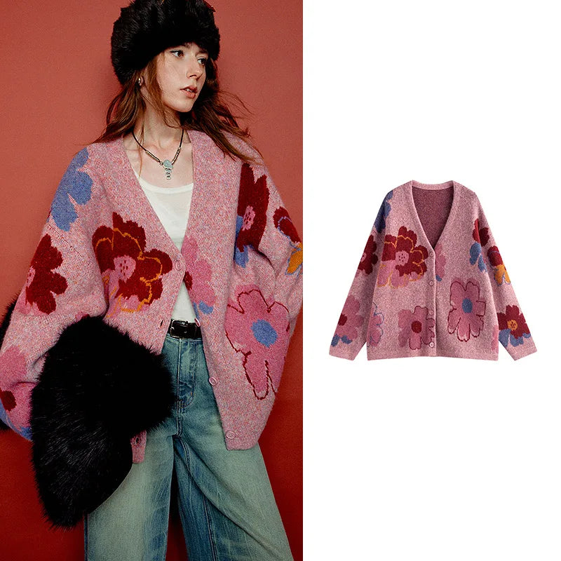 Women’s Floral Jacquard Knit Cardigan Coat – V-Neck Button Front Office-Style Jacket for Spring & Fall