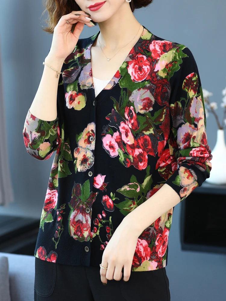 Women's Floral Print Cardigan - Casual Long Sleeve Knitwear, Single-Breasted, High Quality for Autumn