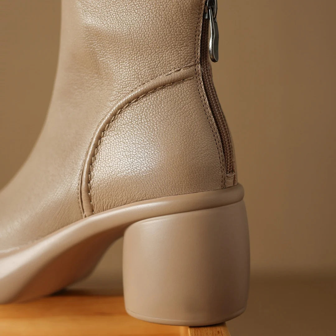 Women’s Sheepskin Chunky Heel Platform Ankle Boots – 7cm Back Zip Autumn Punk Short Booties