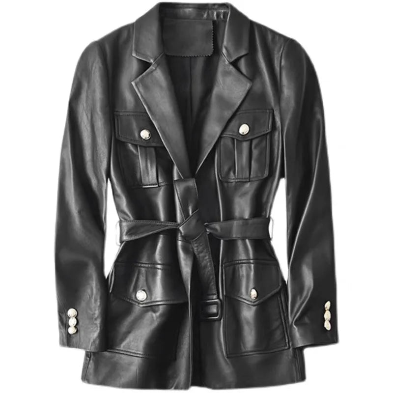 Women’s Genuine Sheepskin Leather Coat – Retro Belted Mid-Length Jacket with Gold Buckle, Suit Collar & Cargo Pockets