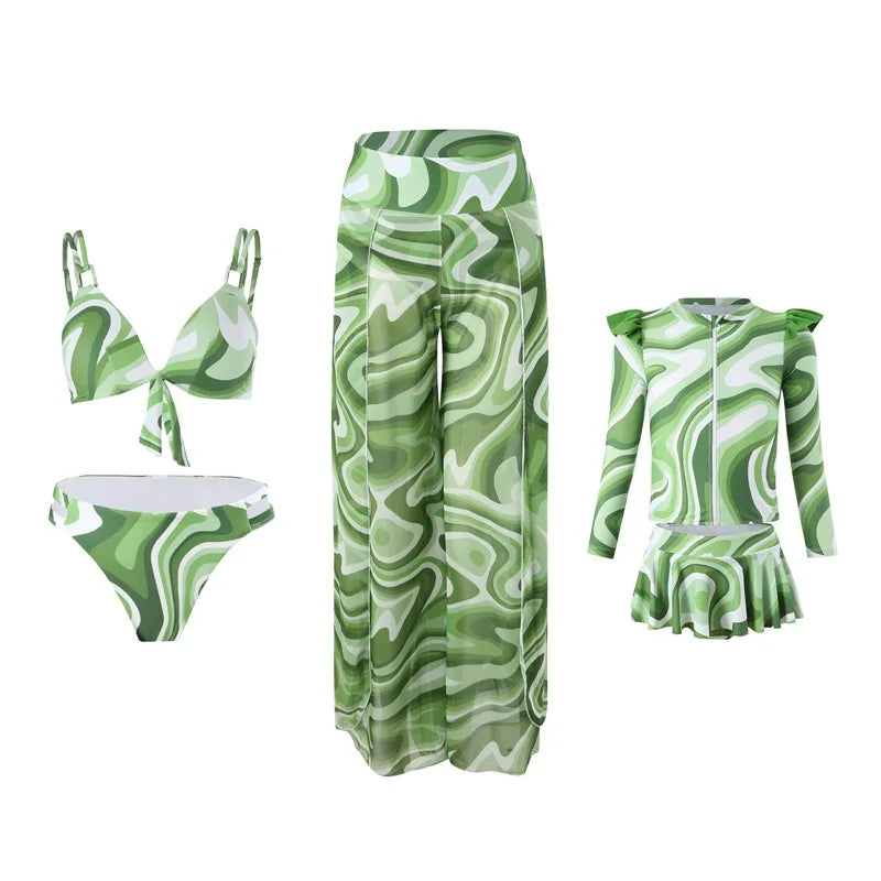 Leaf Print Swimwear Family Matching Outfits Look Mother Daughter Bikini Swimsuits Mommy and Me Clothes Dad Son Swimming Trunks