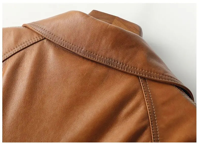 Vintage Brown Real Sheepskin Leather Jacket for Women – Lapel Collar Belted Design, First-Layer Leather, Casual Fashion Outerwear