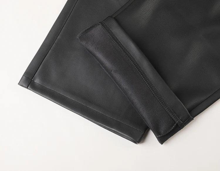 Fall Winter Fleece Loose Wide Leg Warm Leather Pants Women Button Pocket High Waist Thick PU Casual Straight Pants