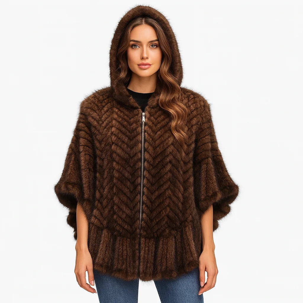 Luxury Real Knitted Mink Fur Cape with Hood – Ruffle Shawl Zipper Wrap for Women (Plus Size)