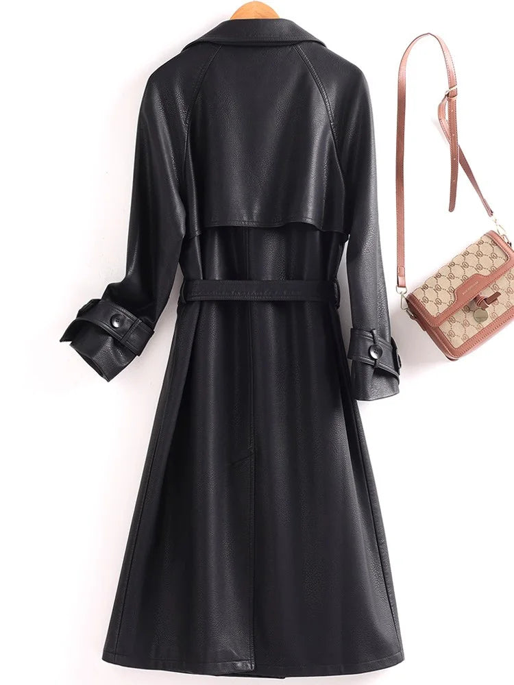 Product Title: Elegant Women'sSplit Leather Trench Coat  –  Double Breasted Slim Fit with Belt, Long Turn-Down Collar Coat for Autumn/Winter