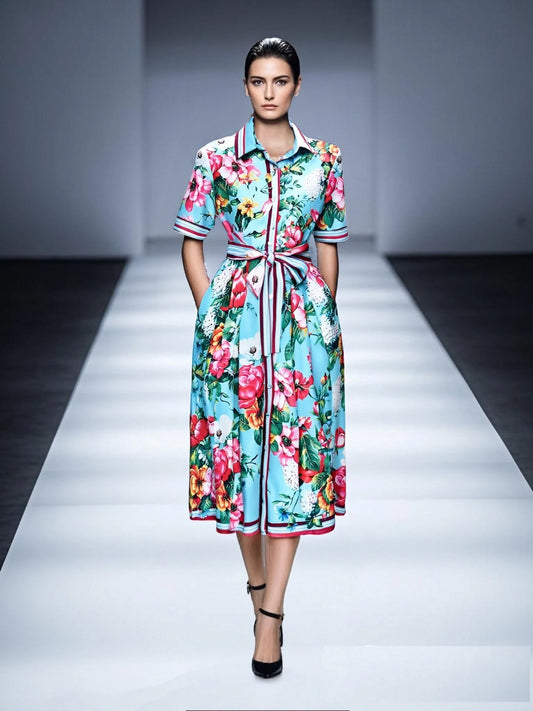 Women's Summer Floral Shirt Dress  -  2025 Runway-Inspired Midi with Lace-Up Waist | Casual Chic Short Sleeve Vestido - HER SHOP