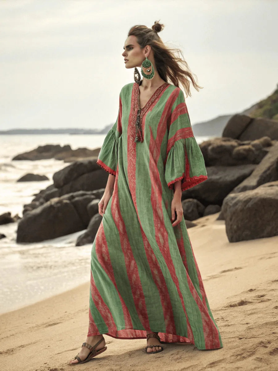 2026 Spring/Autumn Ethnic Print Maxi Dress V-Neck, Striped Contrast, Trumpet Sleeves, Loose Fit Vacation Long Dress for Women