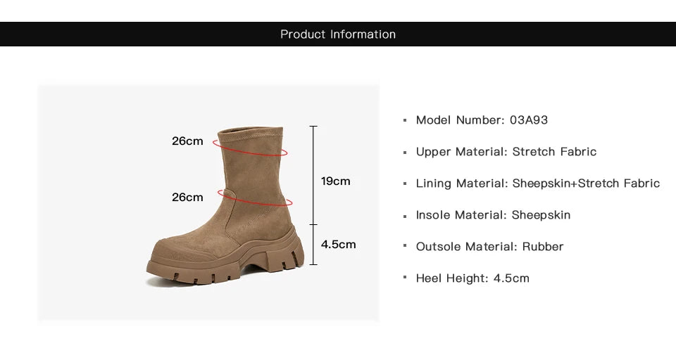 Women’s Stretch Fabric Sock Boots – Handmade Round Toe Slip-On Platform Boots in Solid Color