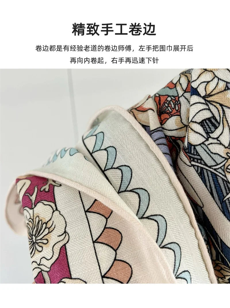 Women’s Large Square Wool & Silk Blanket Scarf – Double-Sided Printed Shawl Cape, 130×130cm