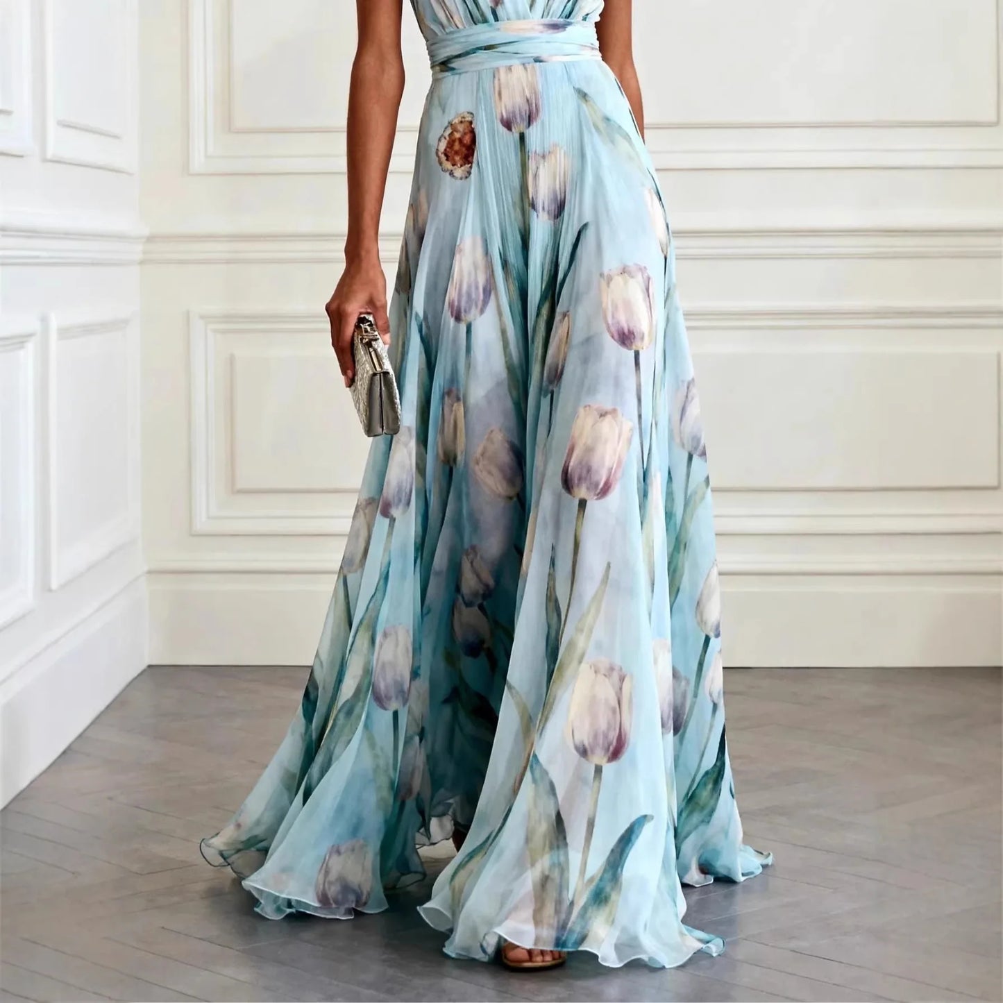 Blue Tulip Print Chiffon Maxi Dress – Sleeveless V-Neck Elegant Flowy Spring Summer Evening Gown