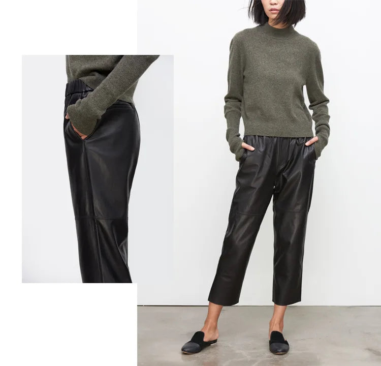 Women’s Genuine Sheepskin Leather Pants – High Waist Straight Fit Ankle-Length Trousers