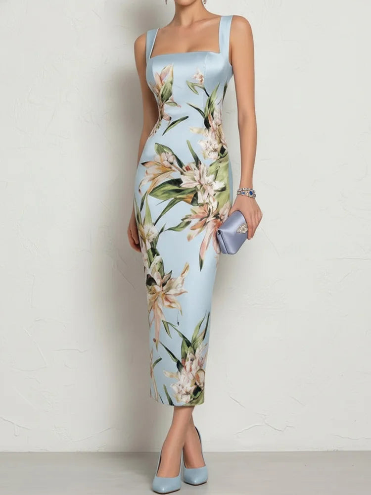Square Collar Backless Printed A-Line Summer Dress