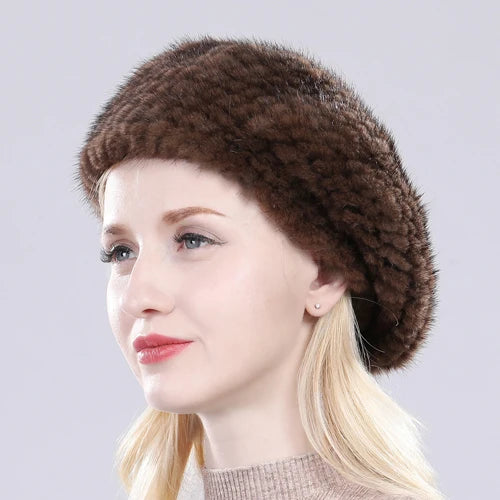 Hot Sale Winter Lady Natural Mink Fur Beanies Hat Knit Warm Striped Genuine Mink Fur Caps Women Good Elastic Real Mink Fur Hat