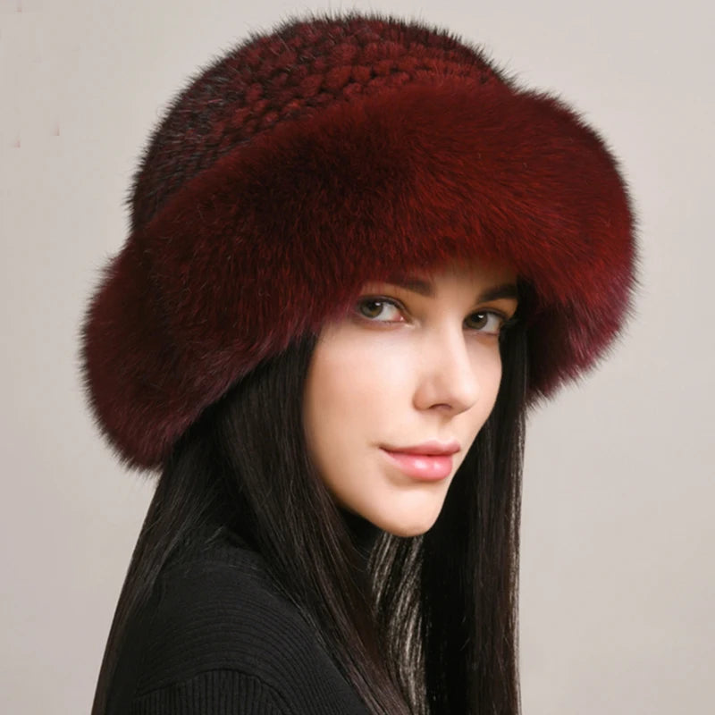 Luxury Knitted Mink Fur Hat with Real Fox Fur – Handmade Winter Fashion for Women