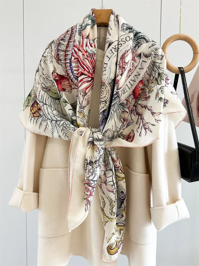 Winter Soft Scarf Double-Faced Printed Shawls Silk Wool Hand-rolled Edge Scarves Square Large Bandanas Shawls Christmas Gift