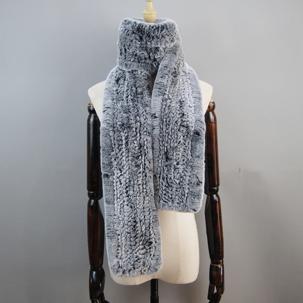 Long Style Genuine Rex Rabbit Fur Scarf– Women's Winter Knitted Ring Scarf & Luxury Muffler