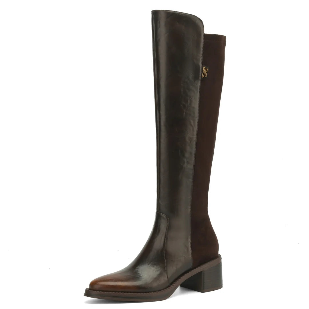 Women’s Genuine Leather & Flock Patchwork Knee-High Knight Boots – Side Zip, 5cm Thick Medium Heel, Casual Autumn Winter Long Boots