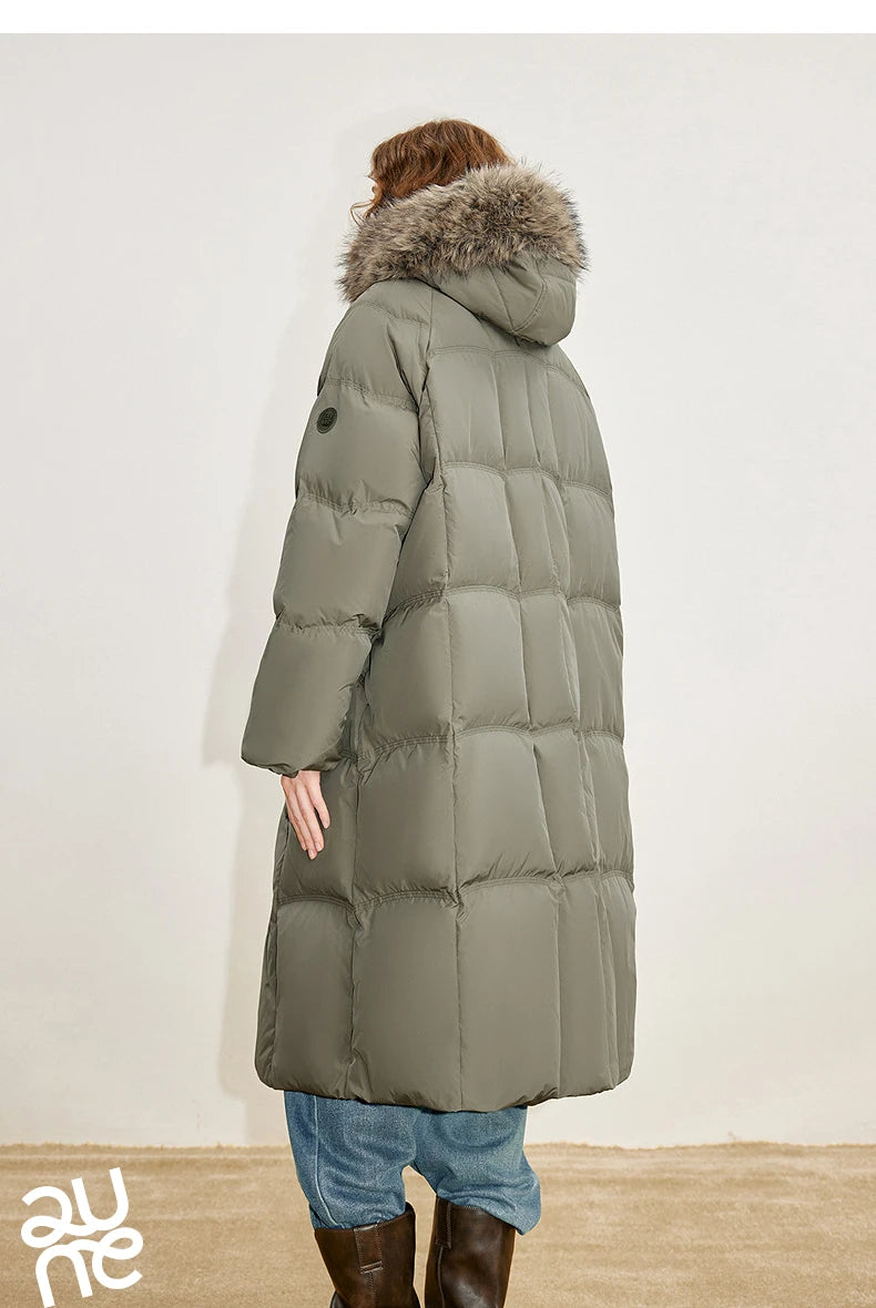 Women 90% White Duck Down Thick Down Jacket 2025 Winter New Fur Collar Hooded Extra Long Warm Jacket Coat