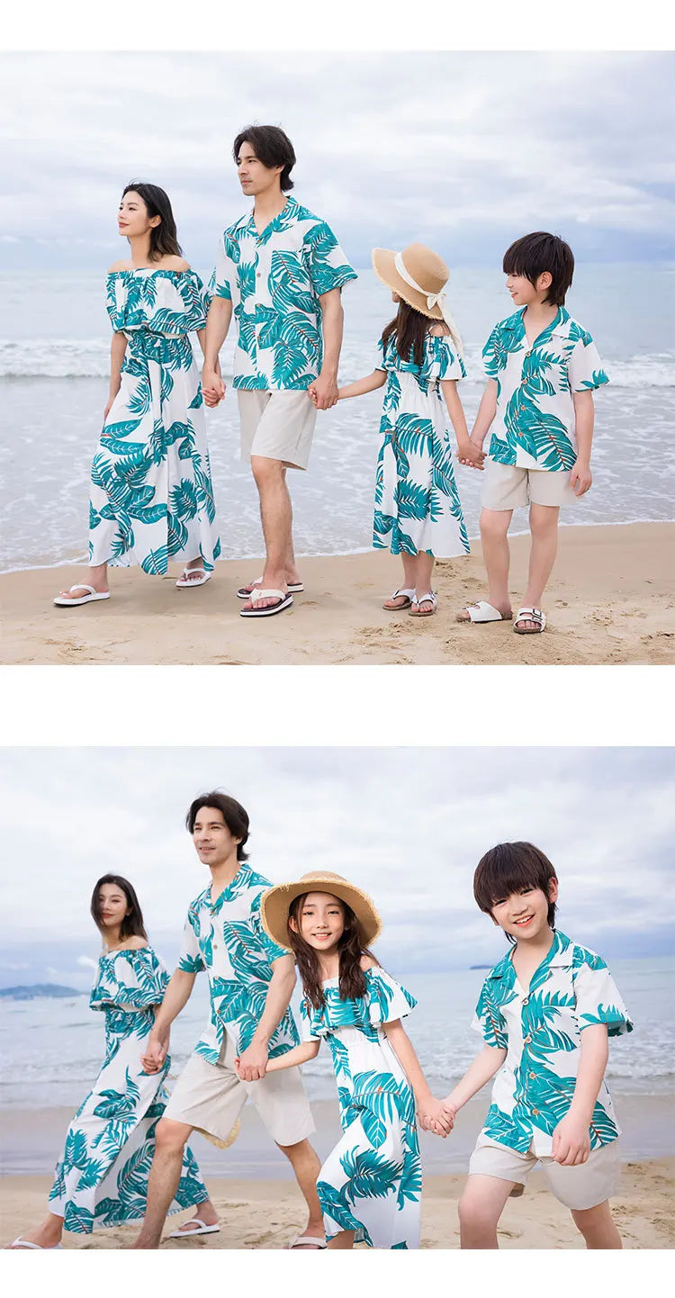 Beach Ware Clothes for Family Shirts Set Vacation Long Mother and Daughter Blue Dress for The Sea Resorts Look Father Son Outfit