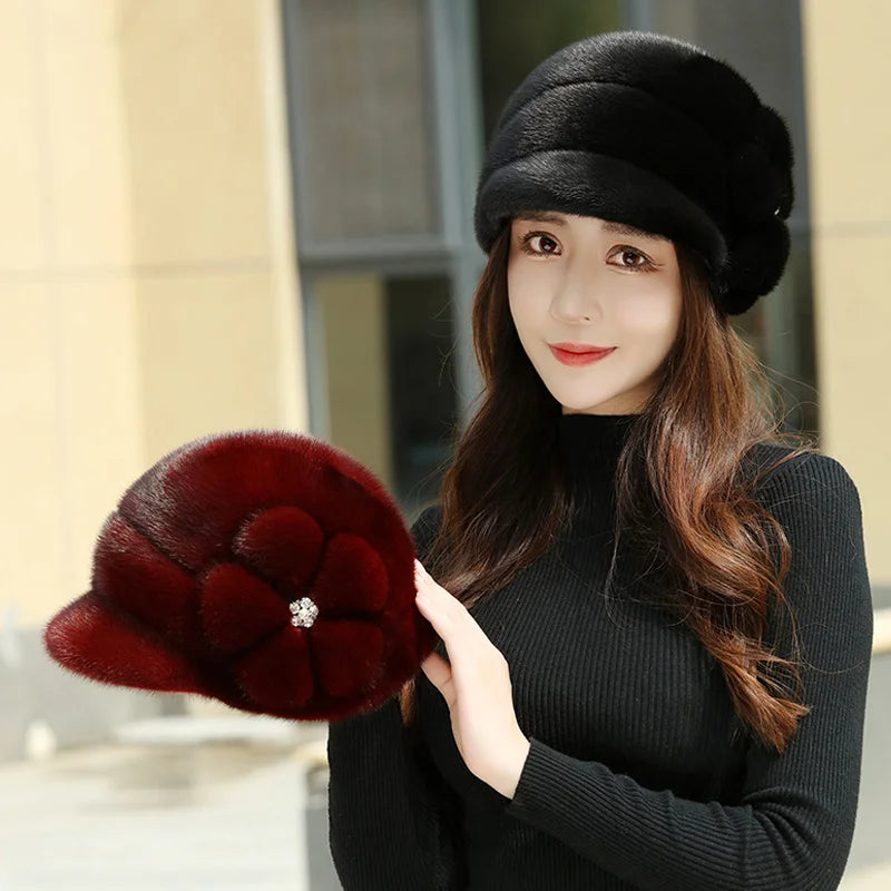 Russian Fur Hat Winter Warm Natural Mink Fur Hats for Women Classic Luxury Caps Earflap Christmas Hat Luxury Lady Real Mink Hat