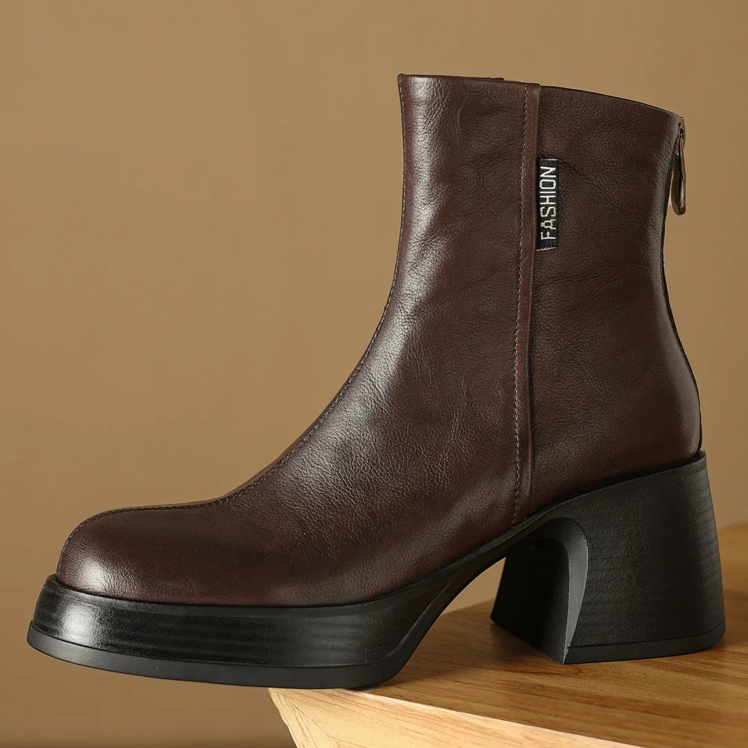 Women’s Genuine Cow Leather Chunky Heel Platform Ankle Boots – High-Quality, Soft, and Comfortable Punk-Style Short Boots with Back Zipper for Autumn