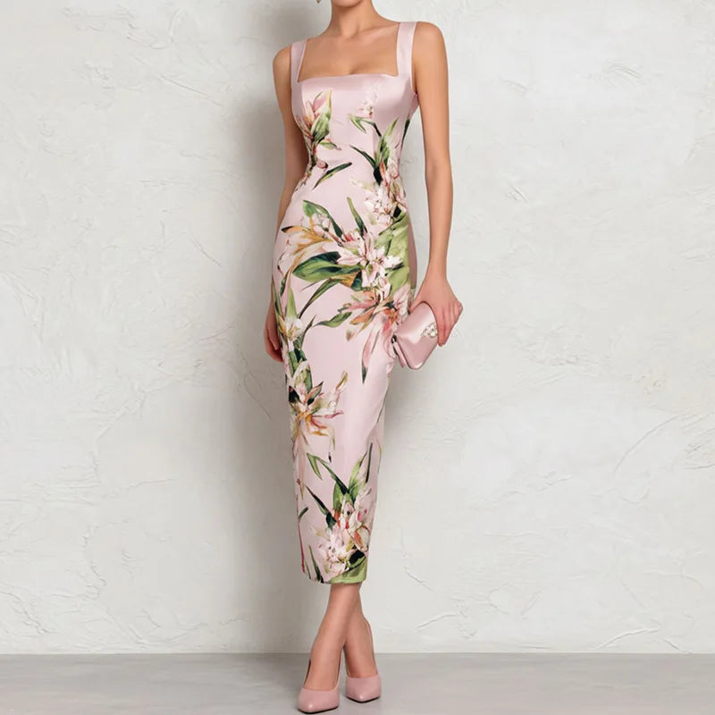 Square Collar Backless Printed A-Line Summer Dress