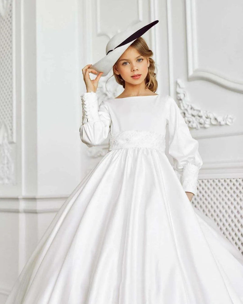 White Elegant Flower Girl Dress for Wedding Satin Floor Length Full Sleeves Kids First Communion Pageant Party Birthday Gown