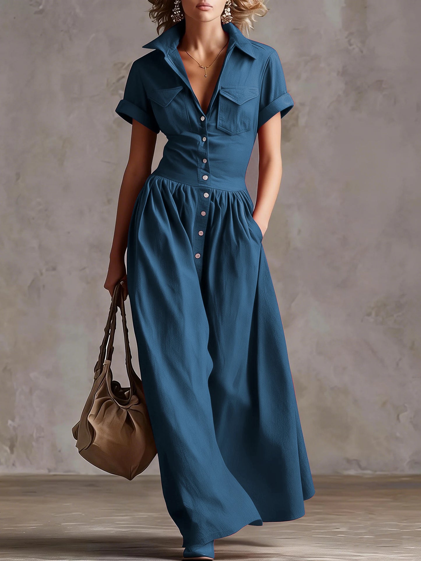 Women’s Woven Button-Down Collared Maxi Dress