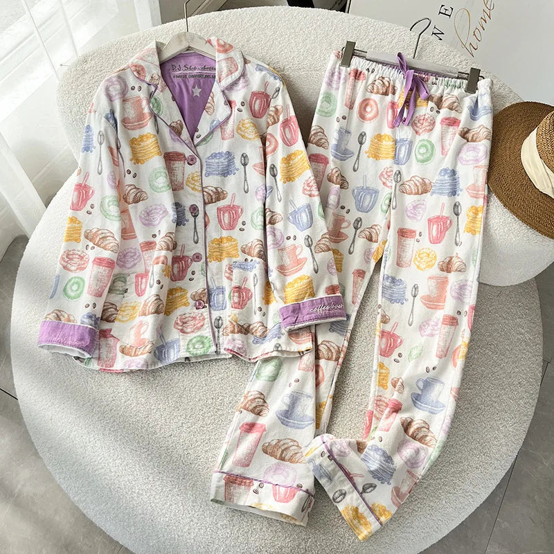 Women’s Cotton Cartoon Pajama Set – Long Sleeve Ankle-Length Pants Autumn Winter Homewear