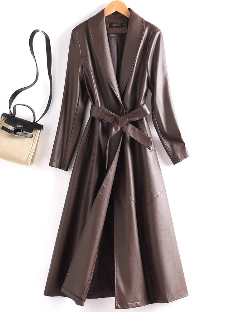 New Elegant Women’s Split Leather Trench Coat | Slim Waist Belted Long Coat with Suit Collar | Spring & Autumn Fashion Casual Outerwear