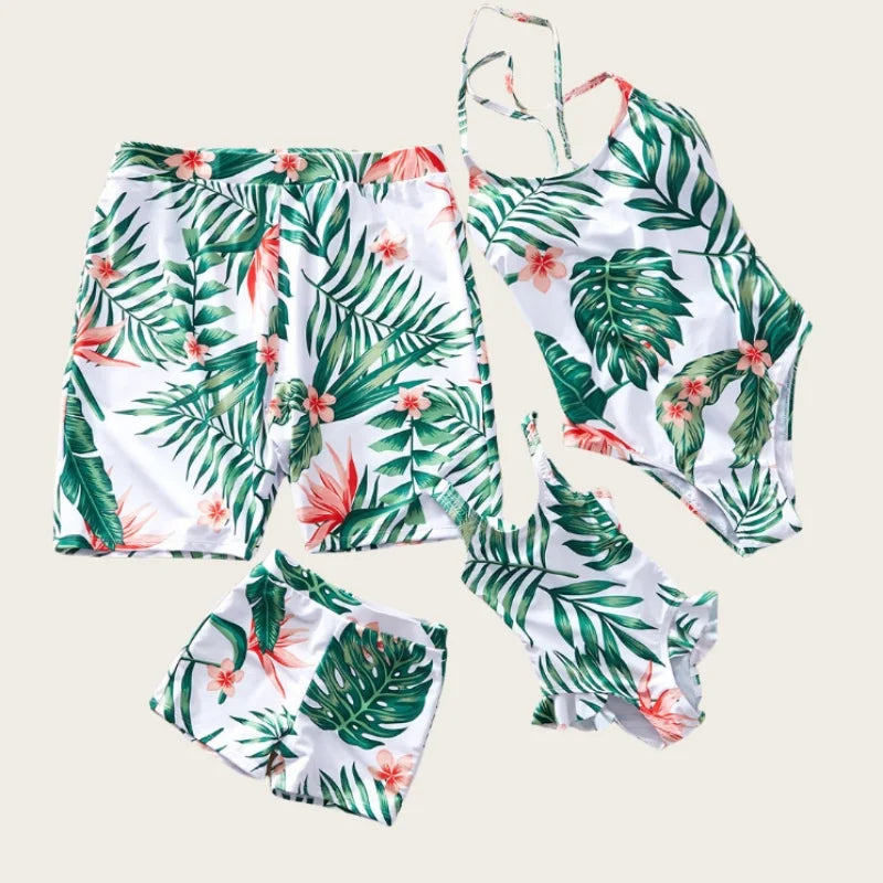 Fashion Family Swimsuit Set for Girls Boys Dad Mom Matching Clothing Outfits Mommy and Me Daughter Son Leaf Print Beach Swimming - HER SHOP