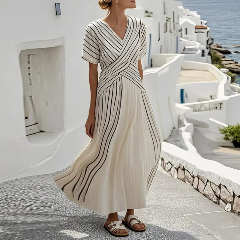 Boho Striped Patchwork Maxi Dress – Spring Summer V-Neck Short Sleeve Loose Party Dress for Women - HER SHOP